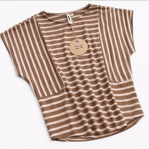 NWT LARA Brown White Striped Ribbed Dolman Top S | Casual Relaxed Tee